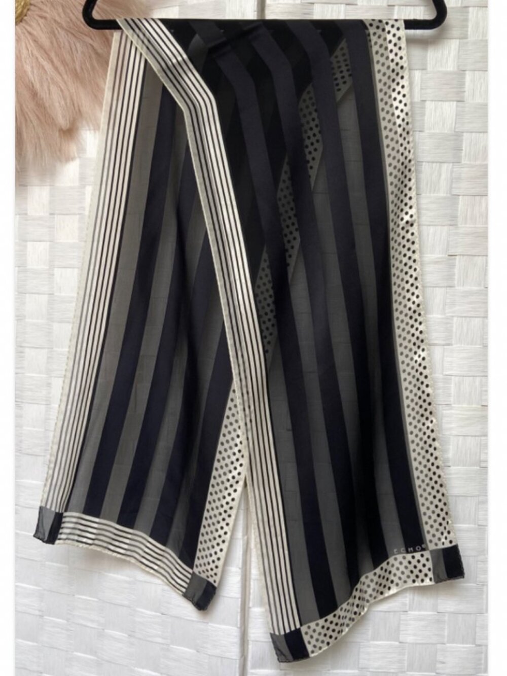 Vintage ECHO Silk Black & White Polka Dota Rectangle Scarf